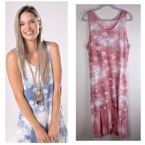 Angela Mara Lightweight Linen Blend Vintage Daisies Hi Lo Ruffle Hem Dress S/M